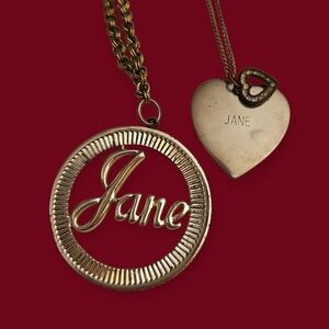 Vintage 1970s Personalized Jane Name Circle Heart Pendant Necklace Set